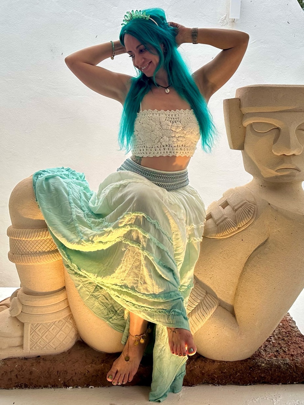 Free People Drift Away Ombre blue white aqua ruffled Maxi Skirt size small